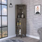 HMS 73 Modern Home Corner Bar Cabinet Dark Brown Wood with One Drawer Stainless Steel and Metal Panel – styled in a modern