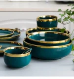 Green With Gold Inlay Quality Plates Full Set Luxury Steak Food Tray Ceramic Dinner Dish Salad Bowl Spoon Porcelain