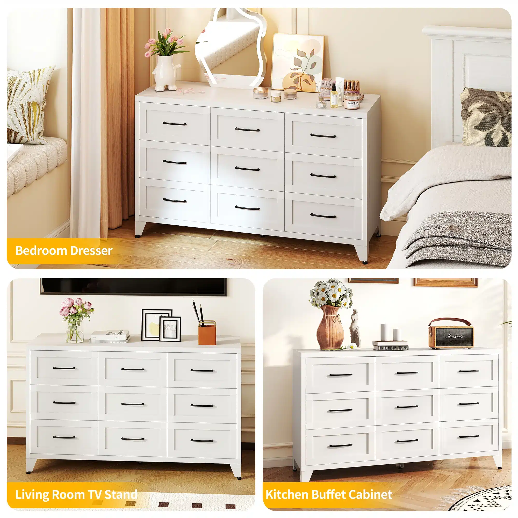 White 9 Drawer Dresser with Glossy Finish - Goldoma