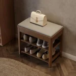 Mid-century shoe storage bench with memory foam cushion and hidden drawer in natural wood finish