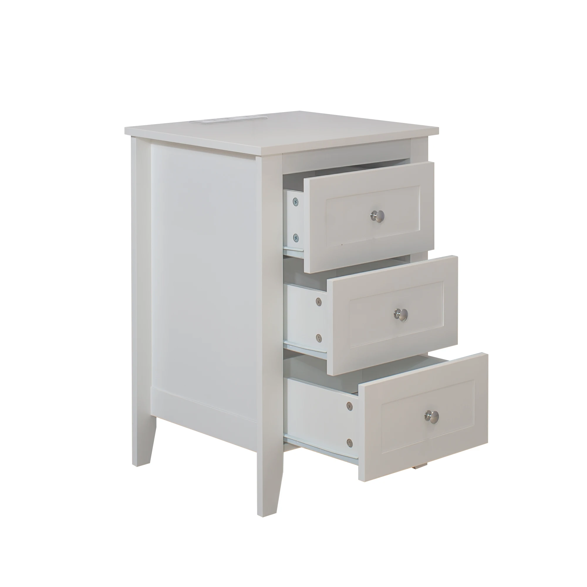 White nightstand with charging station featuring three drawers and USB ports in a modern bedroom