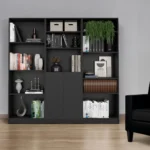 HMS 71 Black Five-Tier Oak Bookshelf with Two Doors Minimalist Design for Home Office Living Room or Workshop