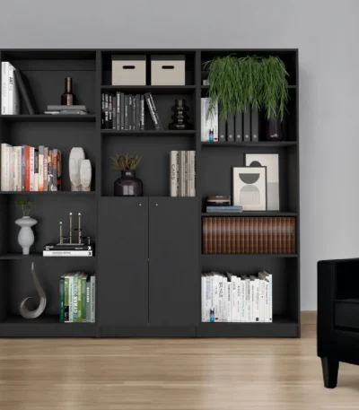 HMS 71 Black Five-Tier Oak Bookshelf with Two Doors Minimalist Design for Home Office Living Room or Workshop