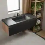 Modern black bathroom vanity with wall-mounted MFC cabinet and quartz sands basin, shown in a bright bathroom setting