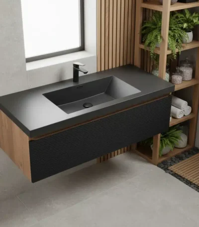 Modern black bathroom vanity with wall-mounted MFC cabinet and quartz sands basin, shown in a bright bathroom setting