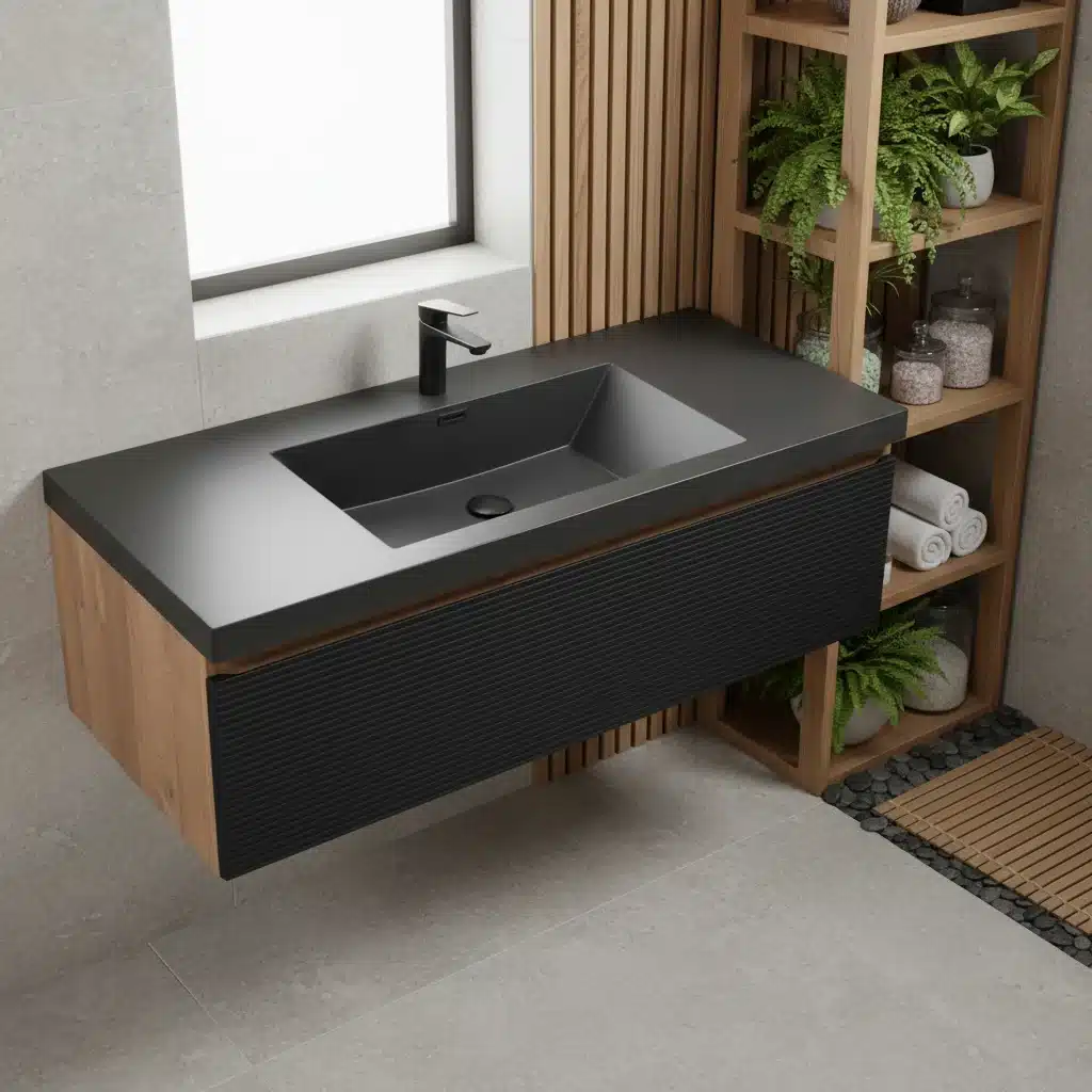 Modern black bathroom vanity with wall-mounted MFC cabinet and quartz sands basin, shown in a bright bathroom setting