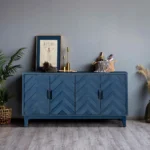 Retroy Vintage 60" Navy Blue Solid Wood Credenza Cabinet 4-Door M-Shaped Panel Buffet with Traditional Design for Dining