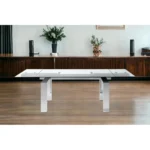 Goldoma 63-inch modern glass dining table with self-storing leaf and silver stainless steel pedestal base