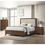 Modern queen bed frame with tufted headboard in brown cherry finish from Goldoma