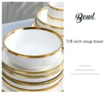 Nordic Style Gold Inlay Bright White Porcelain Dinner Sets Ceramic Bowl Dish Plates Set Porcelain Dinnerware For Household