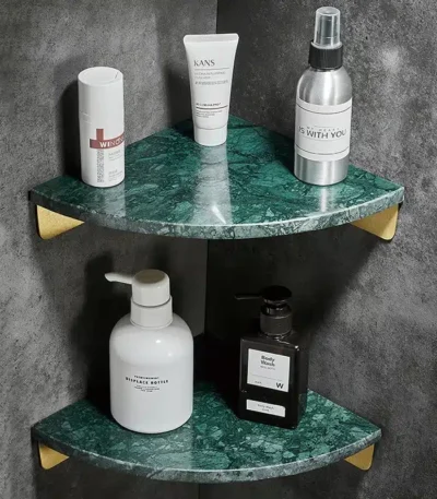 Emerald Marble Corner Shelf Wall Bathroom Mirror Front Cosmetic Storage Rack Metal Bathroom Shelf Shower Shelf Shampoo