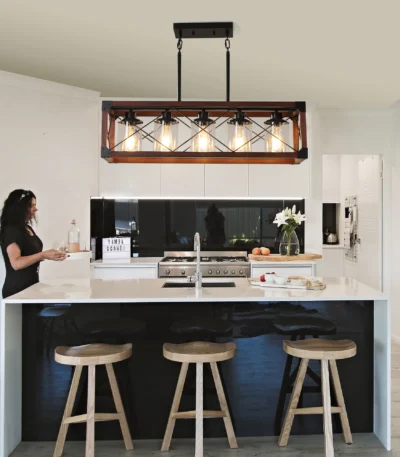 Ship From USA,32" Red Wood Industrial Farmhouse Rectangle Pendant Light, 5-Light Chandelier with Lampshade(No Bulbs)