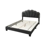 Goldoma queen upholstered bed with LED floral headboard in charcoal wool fabric
