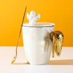 Creative Pearlescent Colored Ceramic Mug with Angel Wings, Coffee Cup with Lids, Cute Flower Tea Tazas Afternoon