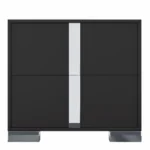 Modern mirrored nightstand with mirrored drawer front and metal legs in a bedroom setting