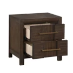 Modern wood nightstand with drawers in a bedroom setting, showcasing two spacious drawers and a warm wood finish