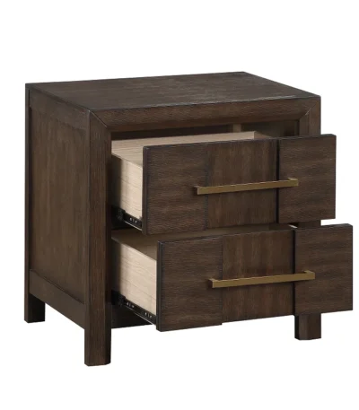 Modern 2-drawer adjustable wood nightstand in bedroom setting showcasing eco-friendly design