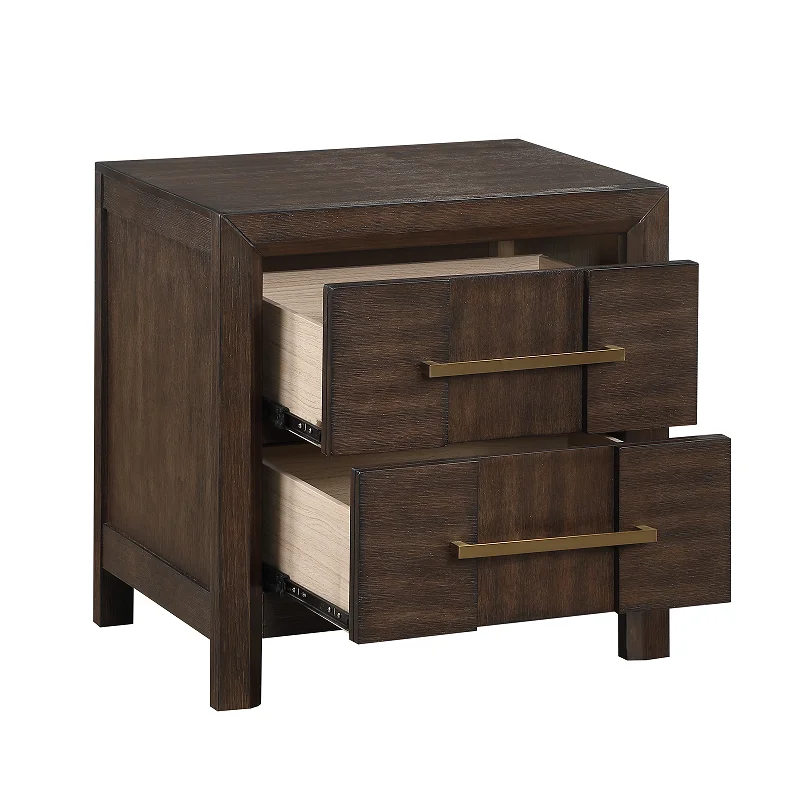 Modern wood nightstand with drawers in a bedroom setting, showcasing two spacious drawers and a warm wood finish