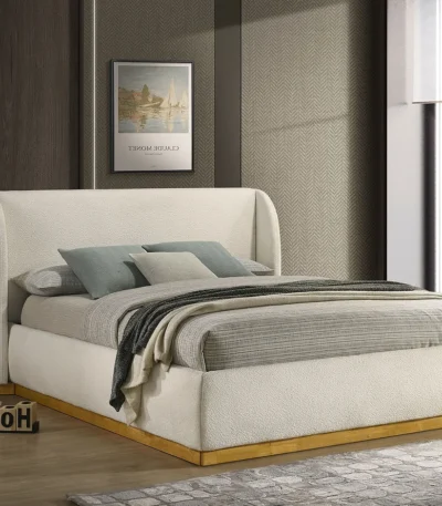 Goldoma queen size adjustable bed with white boucle upholstered wingback headboard, convertible design