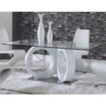 Goldoma white glass dining table with chrome base and geometric design