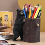 Resin Little Bear Holding Tree Stump Pen Holder-Hand-painted Art-Bionic Design-Desktop/Office Area Fun and Practical Decor