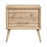 Classic mid-century nightstand with two drawers in natural oak finish, featuring angled legs and lacquered surface.