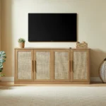 Modern Rattan 4-Door Buffet Cabinet Large Sideboard & Credenza for Living Room Dining Hotel Use - Image 3