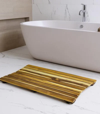 HMS 23" Brown Teak Slat Non-Slip Bath Mat Anti-Slip Print Bathroom Floor Rug Kids Design Style Shower Mat