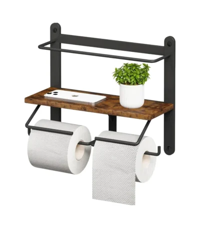 Tissue Holder Rustic Brown Wooden Wall-Mounted Double Toilet Paper Roll Holder Bathrooms Organiser with Storage Racks