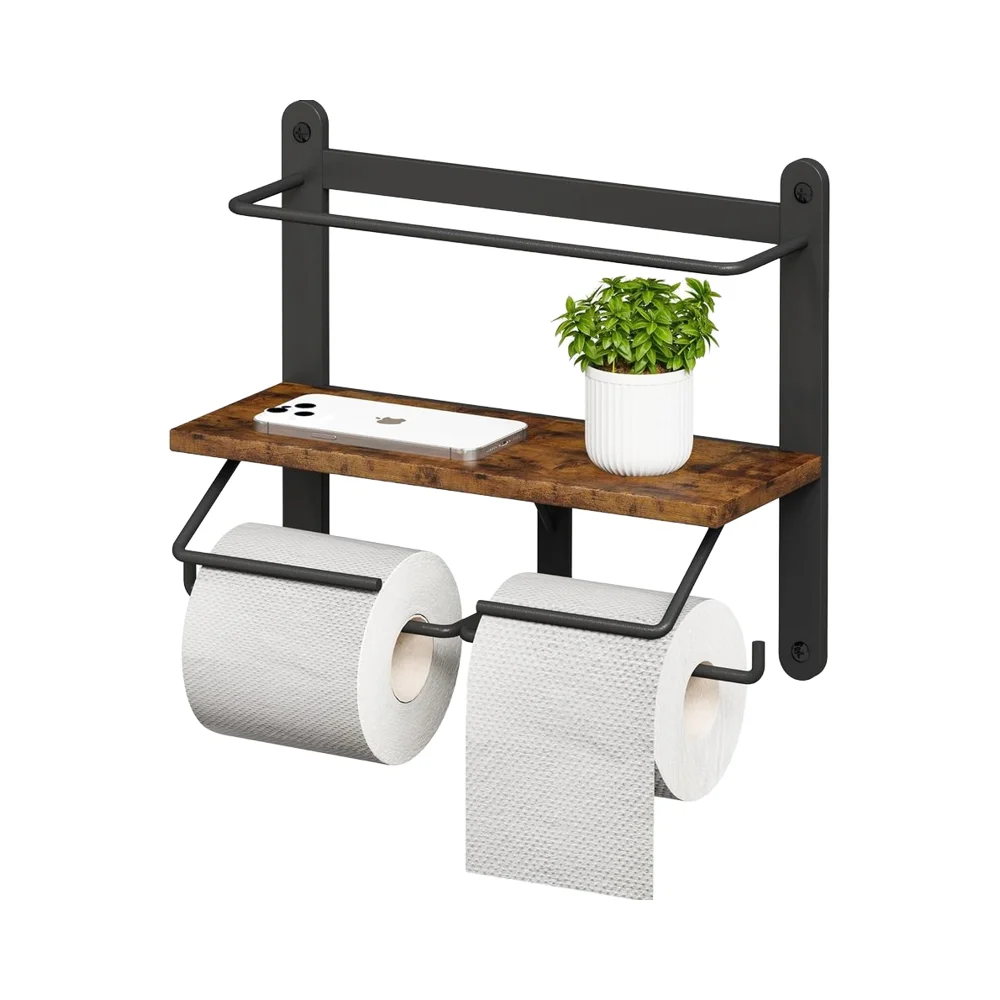 Tissue Holder Rustic Brown Wooden Wall-Mounted Double Toilet Paper Roll Holder Bathrooms Organiser with Storage Racks