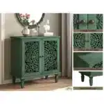 Vintage 2-Door Sideboard with Symmetrical Floral Design Hollow-Carved Mango Wood Accent Cabinet Rustic Style Adjustable