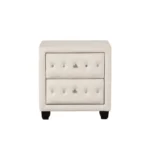 Crystal tufted velvet nightstand with two drawers and eco-friendly wood top in a modern bedroom setting