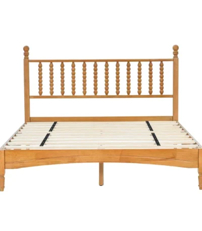 Queen size wood bed frame with headboard in rustic oak finish