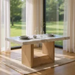 70 inch faux marble dining table with wood pedestal base in living room setting