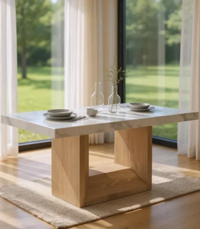 70 inch faux marble dining table with wood pedestal base in living room setting