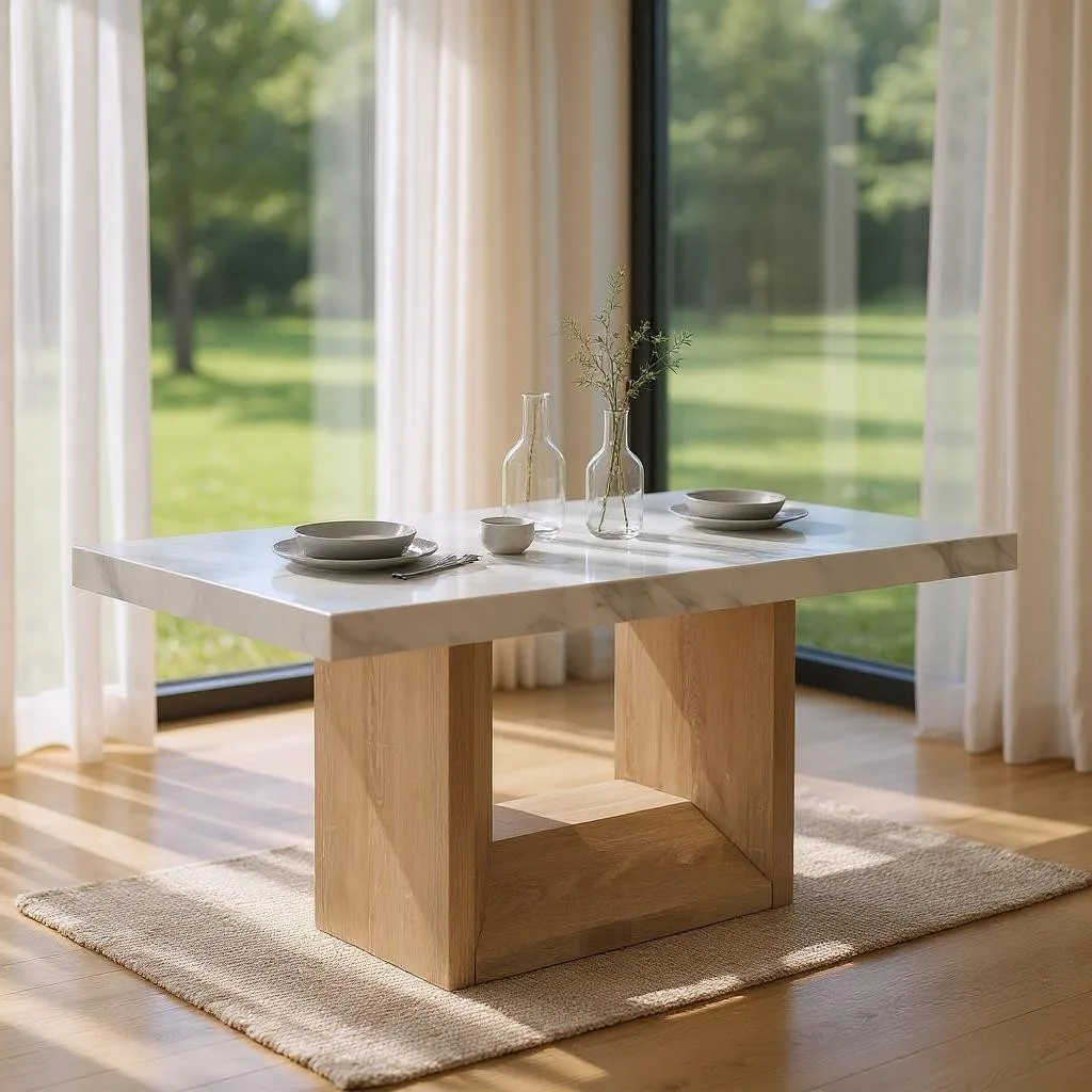 H694fce40d96b4f80af0cc7bda393aeebD.webp 70 inch faux marble dining table with wood pedestal base in living room setting