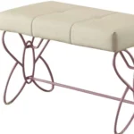 Tufted faux leather bench in white with purple metal frame for living room seating