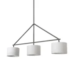 HMS modern white shade hanging light with three warm white E26 bulbs, metal frame, oval rectangle design against a dark