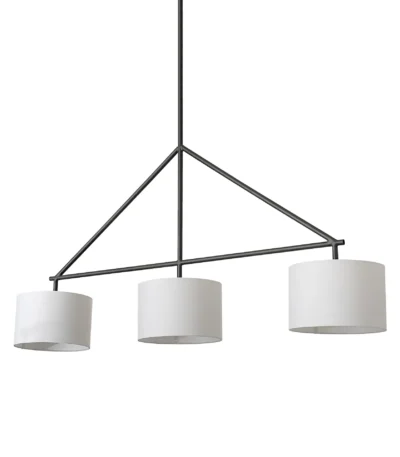 HMS modern white shade hanging light with three warm white E26 bulbs, metal frame, oval rectangle design against a dark
