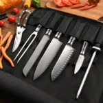 8 Pieces Damascus Steel High Carbon Kitchen Knives Chef Knife Set with Oxford Cloth Bag and Pakkawood Handle – styled in a
