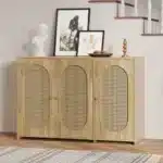 Vintage 3-Door Sideboard Faux Rattan Doors Metal Handles Large Storage Antique for Living Room Hallway Decorative Cabinets