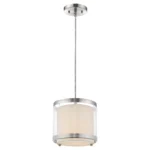 HMS Modern hanging light with white fabric shade and silver finish, suspended over a kitchen island in warm white glow.