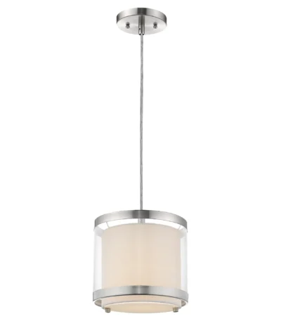 HMS Modern hanging light with white fabric shade and silver finish, suspended over a kitchen island in warm white glow.