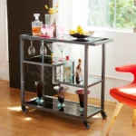 HMS Luxury Black Gray Glass Rolling Bar Cart Dining/Terrace Serving Trolley Wine Storage for Living Room Restaurant Metal Wood - Image 5