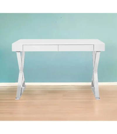 HMS 47" White and Silver Computer Desk with Two Drawers Writing Desk