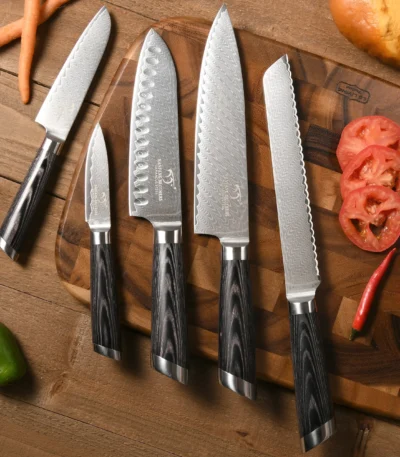 7 Pcs Pakka Wood Handle Damascus Steel Utility Kitchen Knife Set with Wooden Knife Holder Scissors