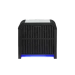 Black and white nightstand with cooler and Bluetooth speaker featuring modern design, blue LED lighting, and grooved front panel