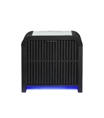 Black and white nightstand with cooler and Bluetooth speaker featuring modern design, blue LED lighting, and grooved front panel