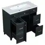 Three spacious drawers and a single sink top of the black European style bathroom vanity, highlighting the marble-like