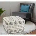 Goldoma 18" Blue Striped Pouf Ottoman - Antique Rattan Wood Bench with Storage – top view